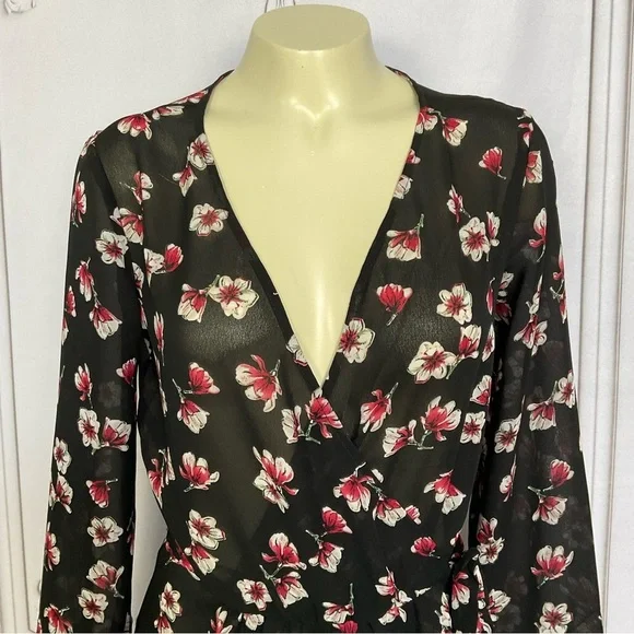 Lark & Ro Black Semi Sheer Long Sleeve Side Tie Wrap Dress Flirty & Flowing Sm - Picture 3 of 8